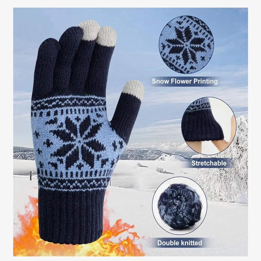 🆕 3 Pairs Touch Screen Gloves Snow Flower, Warm Knit Winter Gloves